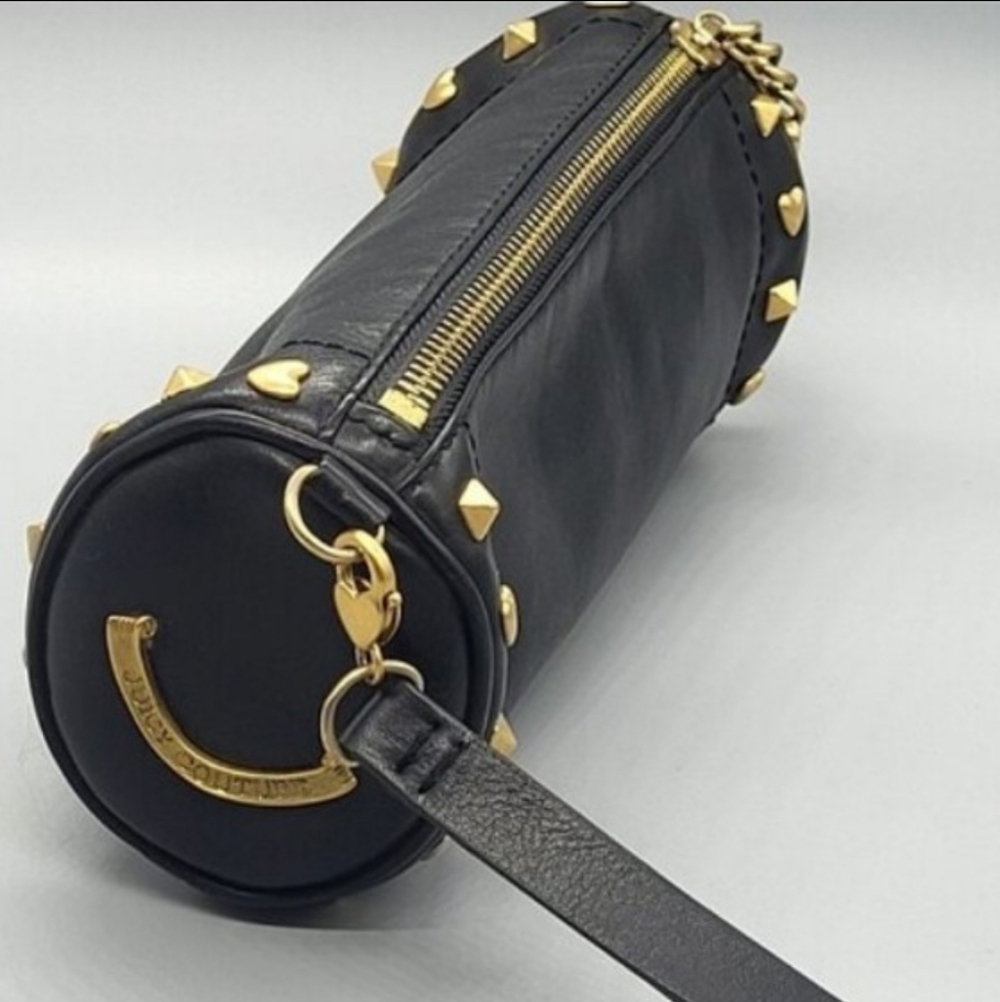 💕Juicy Couture Y2K Black Cylinder Genuine Leather Wristlet Bag with Gold Studs